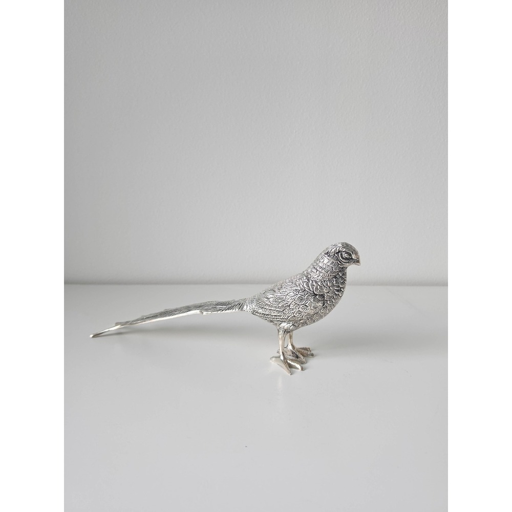 Vintage Silver Metal Pheasant Figurine 12.5 Inch Long Tail Bird Statue Decor